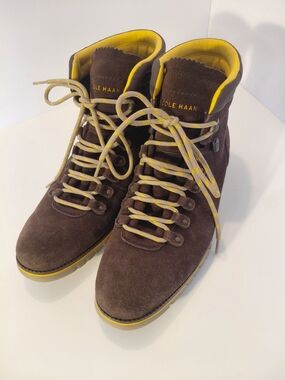 Cole Haan Men's Brown Suede Hiker Boots with Yellow Trim